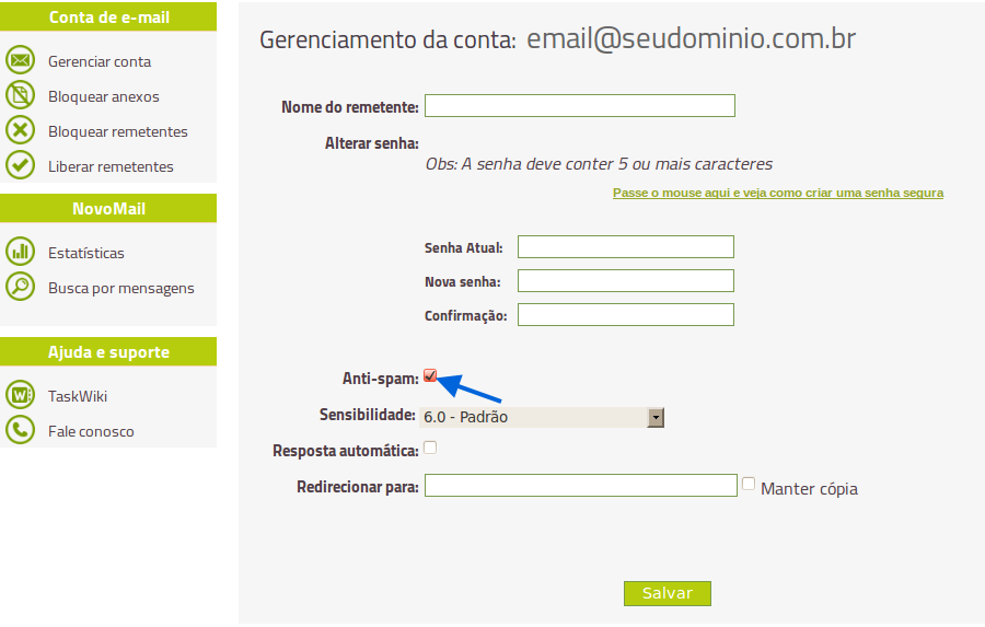 Para ativar ou desativar o Anti-SPAM do seu e-mail profissional